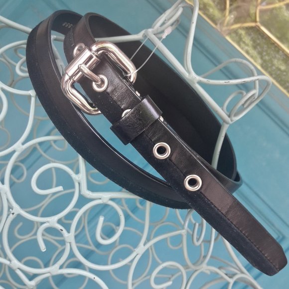 Genuine Leather Belt Thin Two Tone Black Suede Silver Metal Hardware - Picture 2 of 12